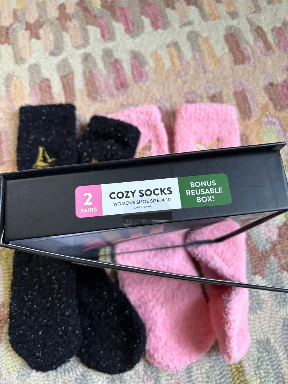 Wicked Cozy Socks (2 prs) Fun Reusable iridescent glitter box Black + Pink NWT